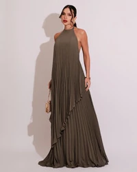 Vestidos de Festa Longo Chiffon Fluido Frente Única Plissado Duplo Verde Oliva