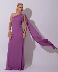Vestido de Festa Longo Crepe Chiffon Um Ombro Só Drapeado Lenço Fixo Fúcsia