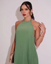 Vestidos de Festa Longo Chiffon Fluido Frente Única Plissado Duplo Verde Matcha