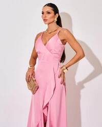 Vestido Midi Babado Acetinado Rosa