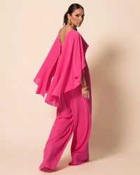 Macacão de Festa Longo Crepe Chiffon com Capa Pink New