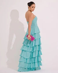 Vestido Longo Crepe Chiffon Tomara que Caia Plissado em Camadas Tiffany