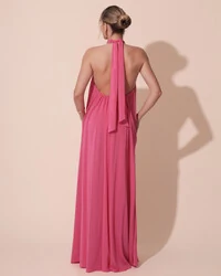 Vestido Longo Crepe Chiffon Frente Única Fluido Flor Removível Pink Claro