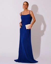 Vestido de Festa Longo Crepe Chiffon Costas Lenço Cauda Azul Royal