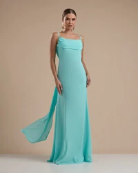 Vestido de Festa Longo Crepe Chiffon Costas Lenço Cauda Tiffany