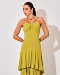 Vestido Longo Crepe com Babado em Camadas Verde Pistache