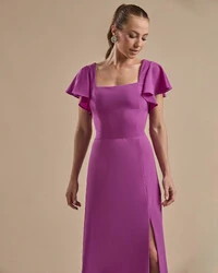 Vestido de Festa Longo Crepe Chiffon Manga Babado e Fenda Fúcsia