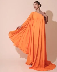 Vestido de Festa um Ombro com Capa Crepe Fluido Laranja