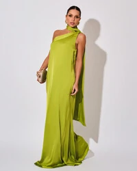 Vestido de Festa Longo Cetim Fluido Um Ombro Só Lenço Fixo Verde Lima