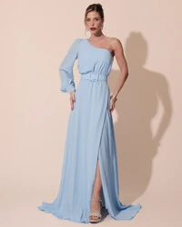 Vestido de Festa Longo um Ombro Só Manga Longa com Cinto Azul Serenity