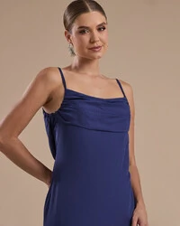 Vestido de Festa Longo Crepe Chiffon Costas Lenço Cauda Azul Marinho