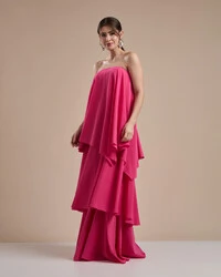 Vestido de Festa Longo Chiffon Crepe em Camadas com Lenço Pink New