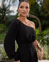 Vestido de Festa Longo de Ombro Único com Manga Longa e Fenda Preto