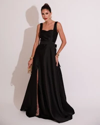 Vestido de Festa Longo Zibeline com Fenda e Faixa Preto