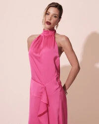 Vestido Longo de Festa Cetim Fluido Gola Alta e Babado Cascata Pink