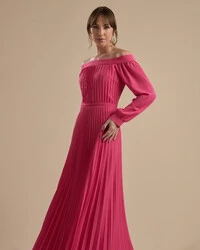 Vestido de Festa Longo Crepe Chiffon Plissado Ombro a Ombro Pink New