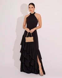 Vestido de Festa Longo Decote Halter com Babados Preto