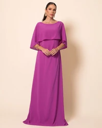 Vestido de Festa Longo Crepe Chiffon com Capa e Degagê nas Costas Fúcsia