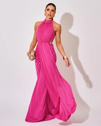 Vestido de Festa Longo Malha Jersey Gola Alta Saia Sereia Pink