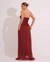 Vestido de Festa Longo Tule Brilho Tomara que Caia Recortes Marsala