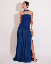 Vestido de Festa Longo Tomara que Caia Alfaiataria e Saia Crepe Chiffon e Lenço Azul Royal