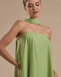 Vestido de Festa Longo Chiffon Crepe em Camadas com Lenço Verde Garden