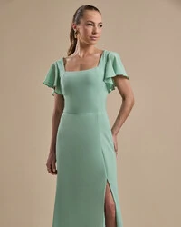 Vestido de Festa Longo Crepe Chiffon Manga Babado e Fenda Verde Menta