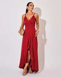 Vestido Midi Babado Acetinado Marsala