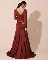 Vestido de Festa Longo Malha Degagê Drapeado Manga Longa Terracota