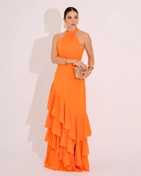 Vestido de Festa Longo Decote Halter com Babados Laranja