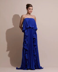 Vestido de Festa Longo Crepe Chiffon Tomara que Caia Plissado com Babado Cascata Azul Royal