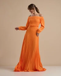 Vestido de Festa Longo Crepe Chiffon Plissado Ombro a Ombro Laranja