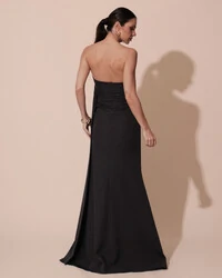 Vestido de Festa Longo Alfaiataria Tomara que Caia Drapeado Faixa Preto