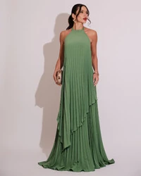 Vestidos de Festa Longo Chiffon Fluido Frente Única Plissado Duplo Verde Matcha