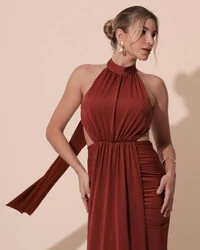 Vestido de Festa Longo Malha Jersey Gola Alta Saia Sereia Terracota