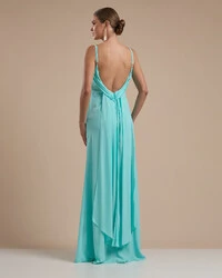 Vestido de Festa Longo Crepe Chiffon Costas Lenço Cauda Tiffany