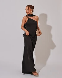 Vestido de Festa Longo em Cetim Fluido um Ombro Só com Lenço Preto