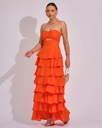 Vestido Longo Crepe Chiffon Tomara que Caia Plissado em Camadas Laranja
