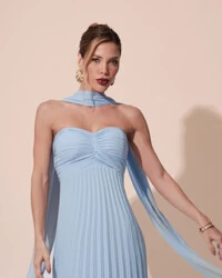 Vestido de Festa Longo Tomara que Caia Plissado com Lenço Azul Serenity