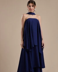 Vestido de Festa Longo Chiffon Crepe em Camadas com Lenço Azul Marinho