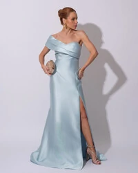 Vestido de festa Longo Zibeline Faixa Drapeada Ombro e Fenda Tiffany