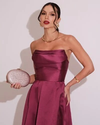 Vestido de Festa Longo Tomara que Caia Trançado Costa em Zibeline Fúcsia