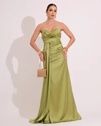 Vestido de Festa Longo Cetim Alfaiataria Fenda Drapeada Verde Lima