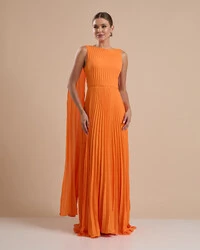 Vestido de Festa Longo Crepe Chiffon Plissado com Lenço nas Alças Laranja