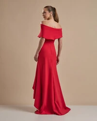 Vestido de Festa Longo Alfaiataria Ombro a Ombro com Babado Cascata Vermelho