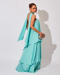 Vestido de Festa Longo Chiffon Crepe em Camadas com Lenço Tiffany
