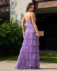 Vestido de Festa Longo Tule Glitter com Camadas Lilás