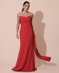 Vestido de Festa Longo Alfaiataria Tomara que Caia Drapeado Faixa Vermelho