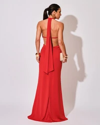 Vestido de Festa Longo Malha Jersey Gola Alta Saia Sereia Vermelho