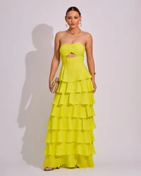 Vestido Longo Crepe Chiffon Tomara que Caia Plissado em Camadas Verde Lima